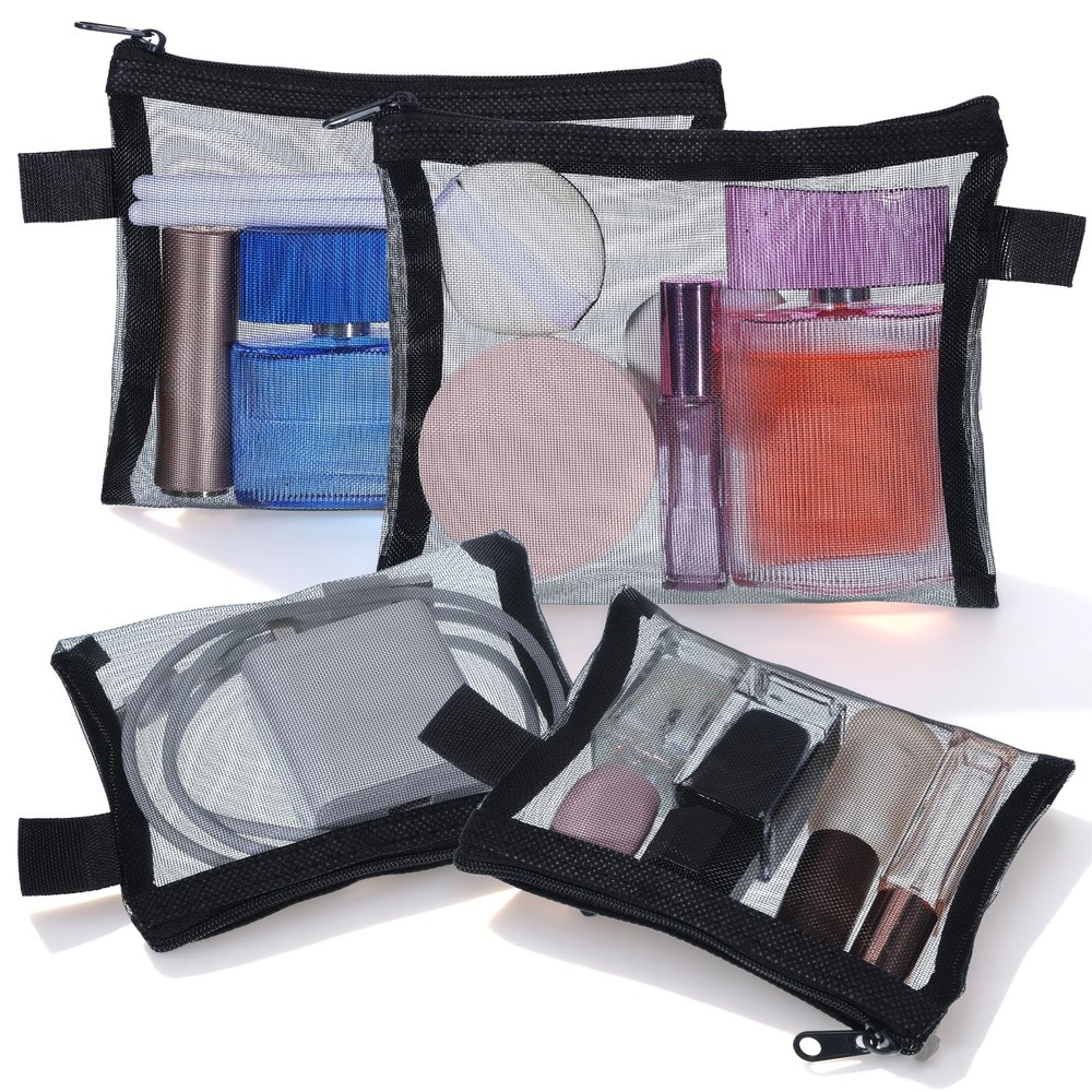 4 Pcs Small Mesh Makeup Bag with Zipper Mini Cosmetic Bags for Black