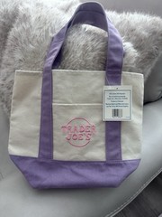 Trader Joe’s Mini Canvas Reusable Tote Bag Purple Beige Logo Cotton/Poly 9x6x9