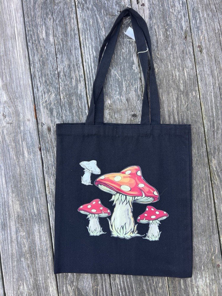 Black Mushroom Canvas Reusable Tote Bag