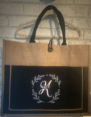 Large Burlap Canvas Tote Bag, Foldable, Brown Black Floral Monogram ‘K’