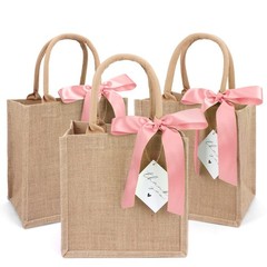 Small Burlap Jute Tote Gift Bag Handle Pink Silk Ribbon Waterproof 6 PCS