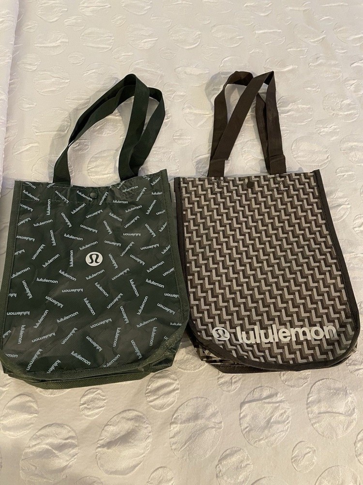 2 Lululemon Reusable Tote Bags – Green Logo & Brown Chevron Pattern