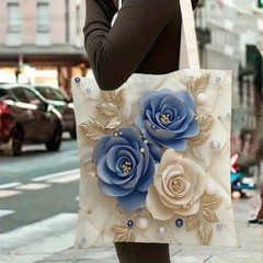 1pc Elegant Beaded Floral Shoulder Bag, 14x16in – Reusable Polyester Tote