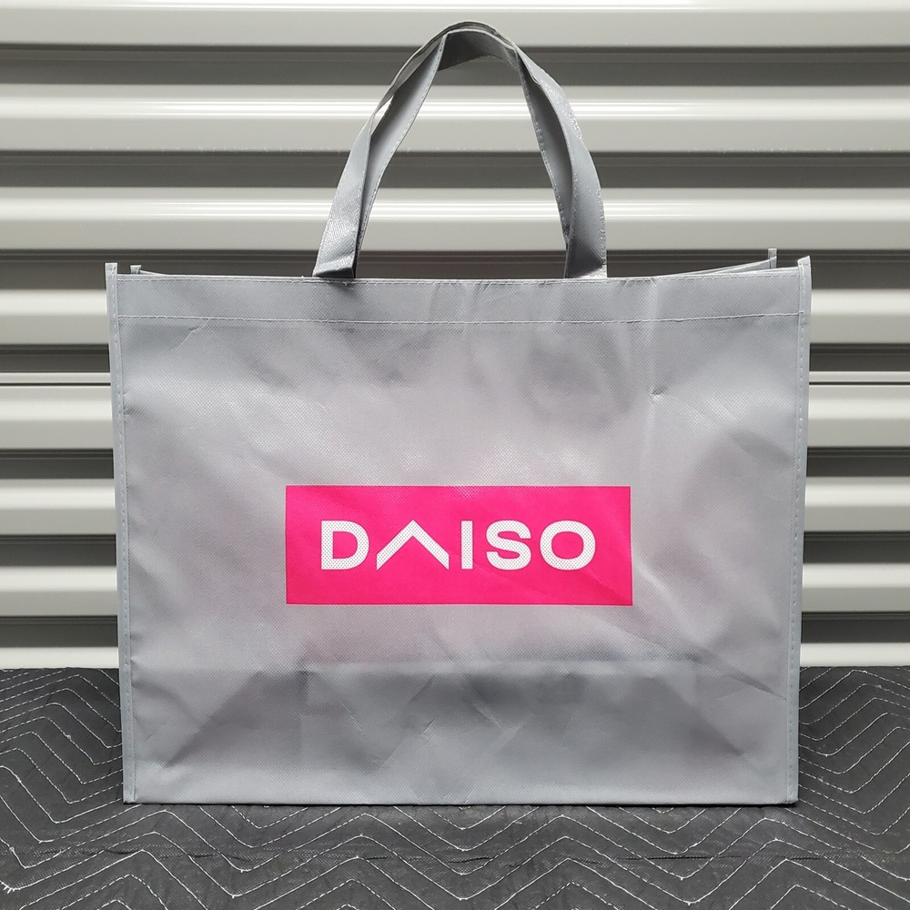 Daiso Gray Gloss & Pink Medium Grocery Shopping Tote Reusable Bag 19x15x8″ BNWT