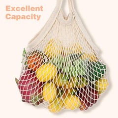 2 PCS Beige Reusable Cotton Mesh Farmers Market Bag Grocery Tote Long Handle