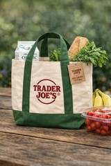 Trader Joe’s Large Canvas Tote Bag Green Beige Foldable Solid Shopping