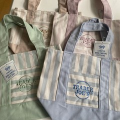 Trader Joe’s Striped Canvas Mini Totes Blue Pink Beige Green Set Of 4 New