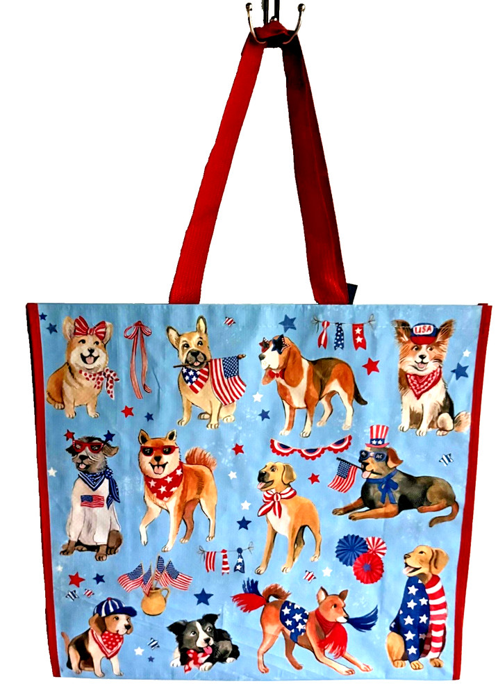 MARSHALLS REUSABLE LARGE SHOPPING BAG 20″ X 18″ AMERICAN USA FLAG DOG PUPPY NEW