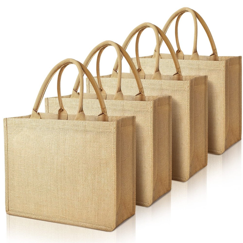 4-Pack Burlap Bags, Jute Tote Bags With Laminated Interior, Soft Handles – Re…