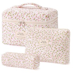 HBselect Quilted Makeup Bag, 3PCS Cotton Large Travel A-3PCS-Floral 17