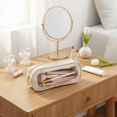Eldraqth Small Clear Makeup Bag, PU Leather Travel Brush Bag Beige