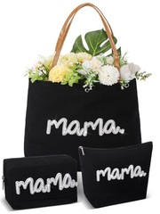 3 Pcs Mom Mama Bag Sets Mother Gifts Multifunctional Black Canvas Tote Bag Se…