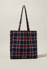 RARE Cotton:On Recycled Tote Bag Winter Holiday Check Reusable Grocery NEW