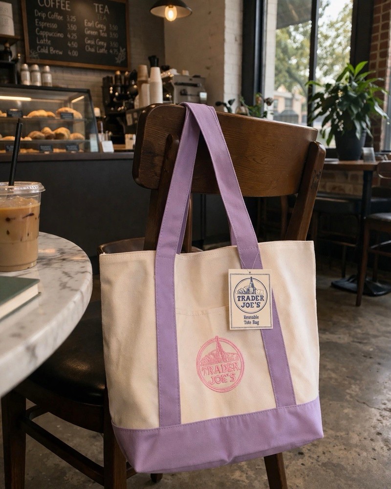 Trader Joe’s Reusable Foldable Canvas Shopping Tote Bag Beige Purple Solid Plain