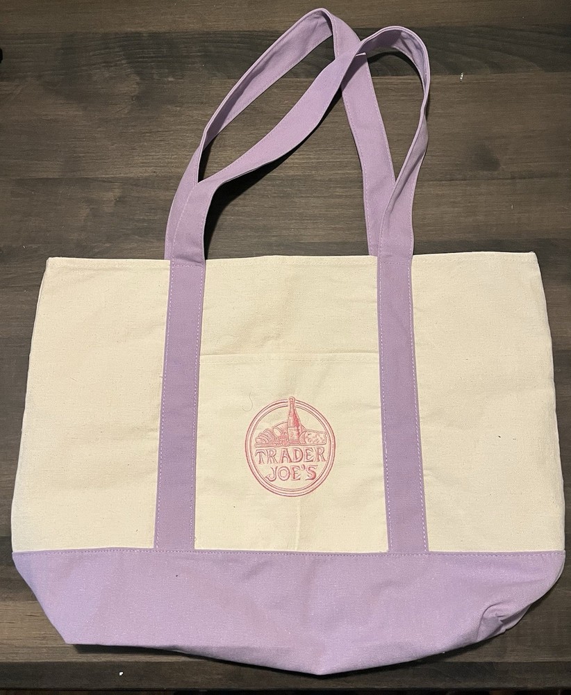 Trader Joe’s Foldable Canvas Reusable Shopping Bag Beige Lavender/Purple