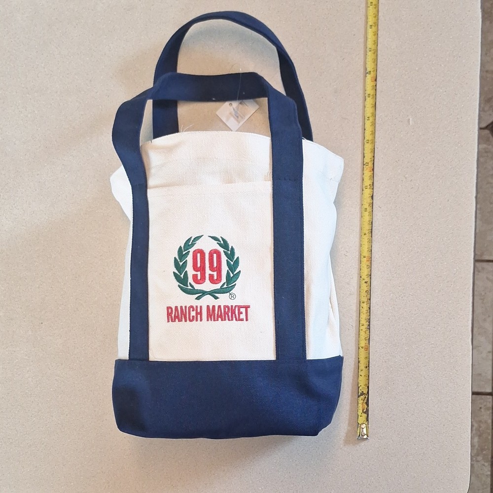 99 Ranch Market Canvas Foldable Tote Bag White Navy Blue All-Over Pattern Medium
