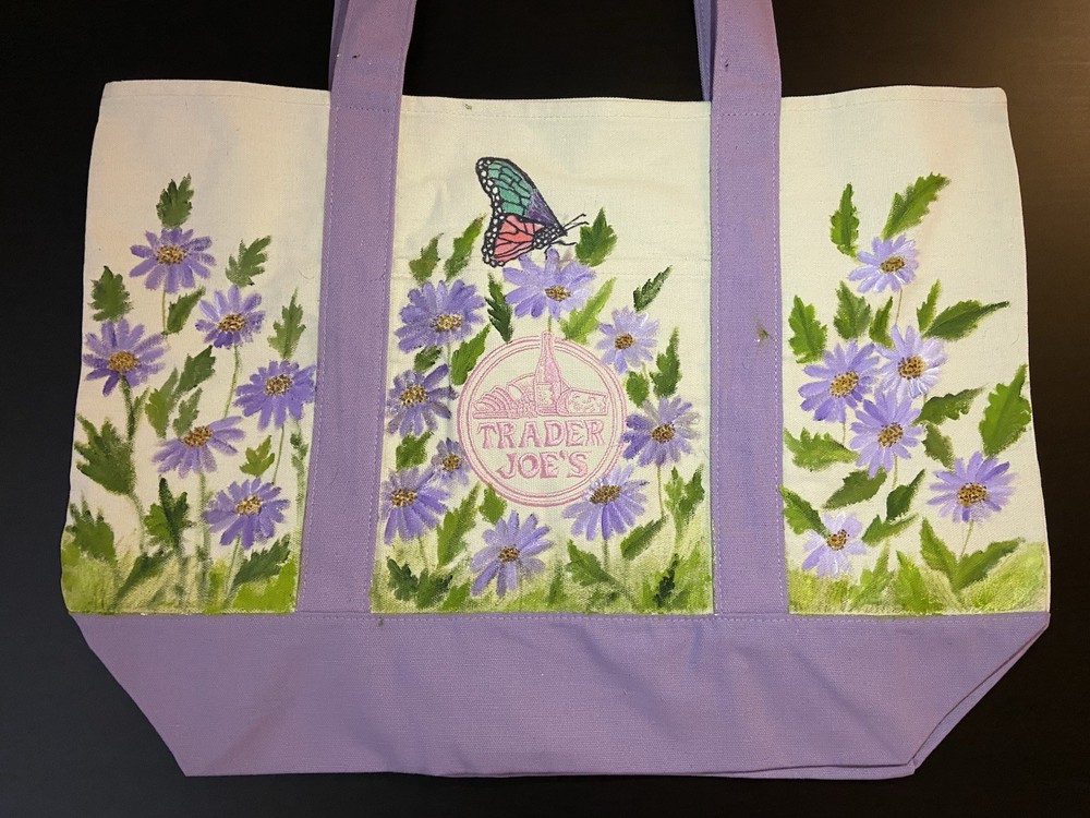Trader Joe’s Canvas Tote Bag Floral Design Hand Painted LARGE Tote NEW!