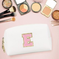Gosuoa Initial Makeup Bag,Personalized preppy bag Waterproof PU Leather White