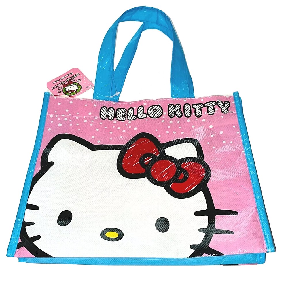 Hello Kitty Bag Tote Reusable 2014 Sanrio Carry All Cute Plastic Pink Blue z