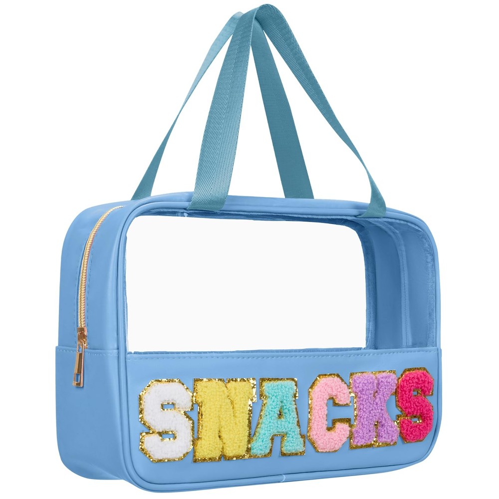 Snack Bags Chenille Letter Patch Clear Bag Snacks for Travel, Blue-Snack