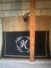 Large Burlap Canvas Tote Bag, Foldable, Brown Black Floral Monogram ‘K’