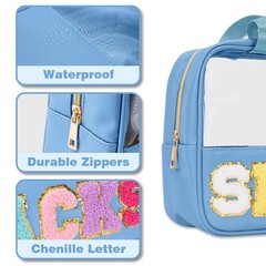 Snack Bags Chenille Letter Patch Clear Bag Snacks for Travel, Blue-Snack