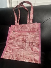 Pink Denim Print Medium Reusable Tote Bag, Zipper Closure, 17x17x5