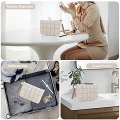 DOB SECHS Puffer Quilted Makeup Bag with Handle, Cute Puffy Cotton Khaki