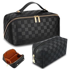 Checkered Travel Makeup Bags Cosmetic Organizer Bag: 2-Set Large BLACK