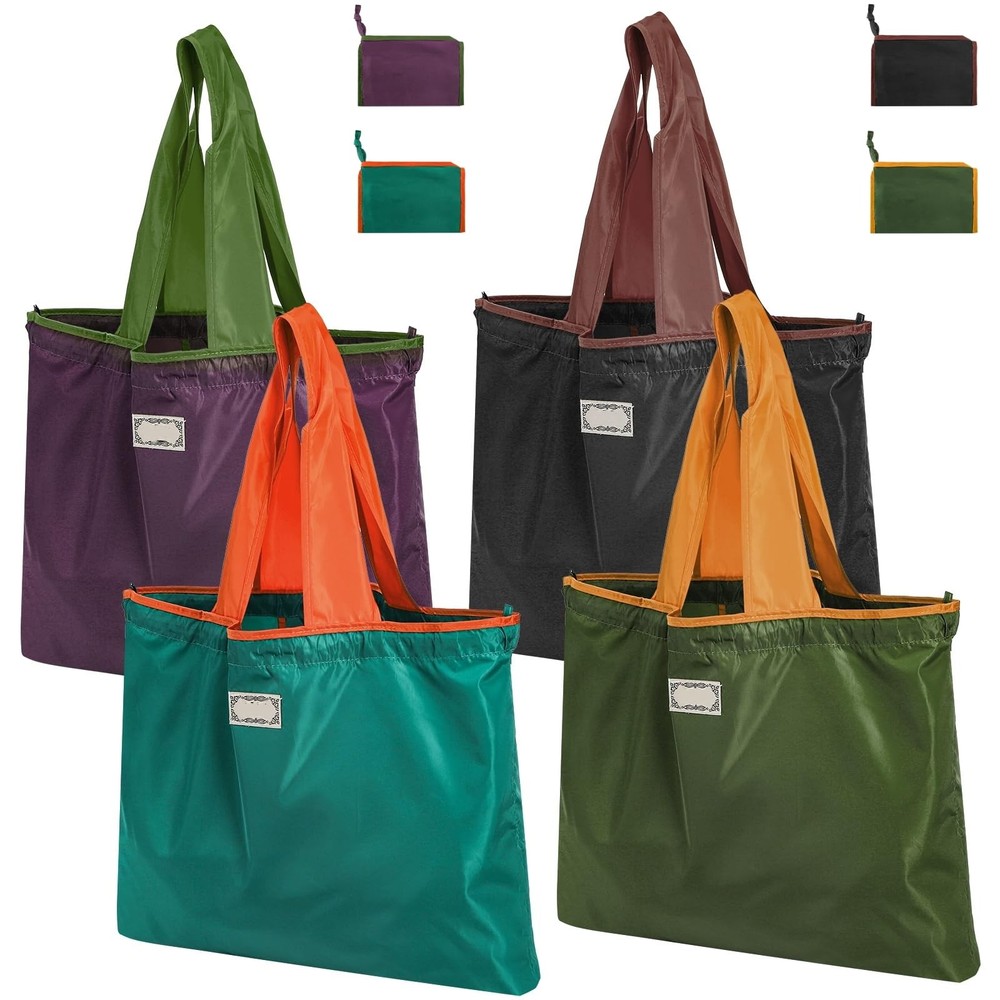 4 PCS Reusable Shopping Bags Foldable Grocery Handle Drawstring Closure Tote