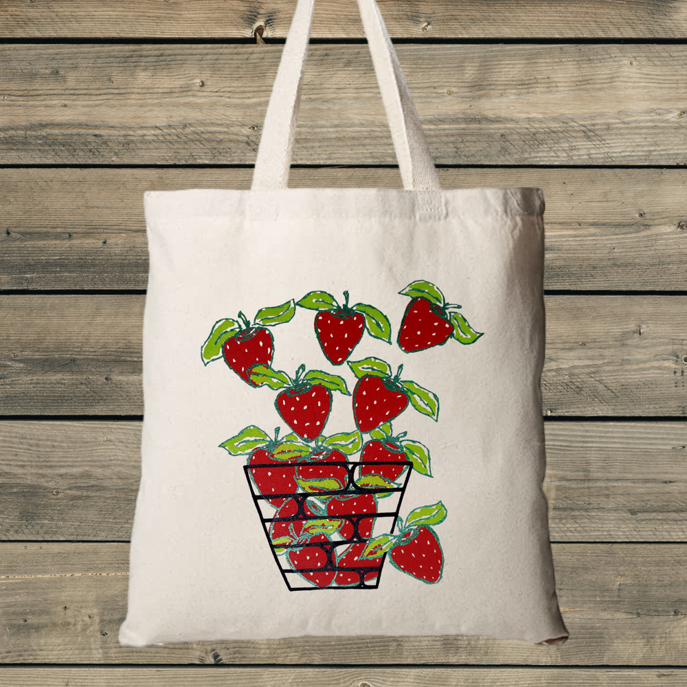 Strawberry Farm Market Tote Bag Cotton Reusable Bag Foodie Gardener Gift Fruit