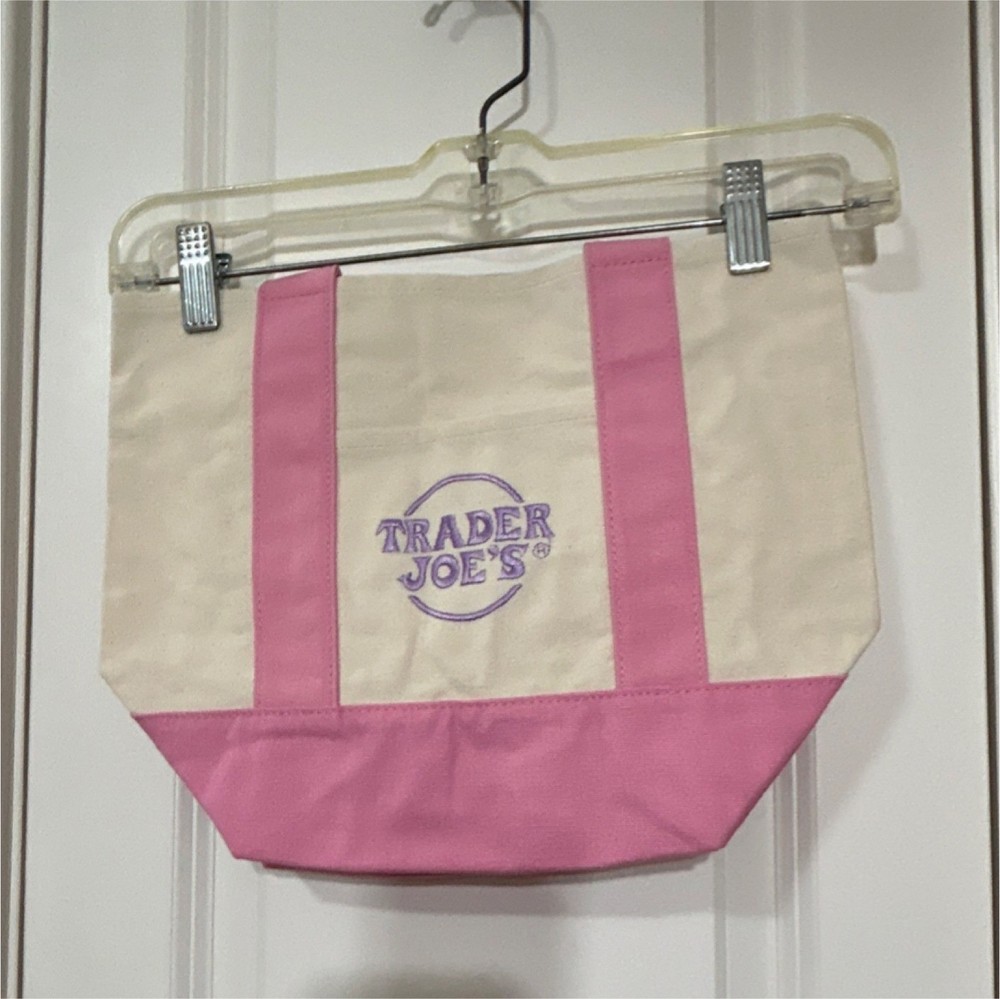 Trader Joe’s Foldable Reusable Tote Bag Pink Beige Cotton Polyester Color Block