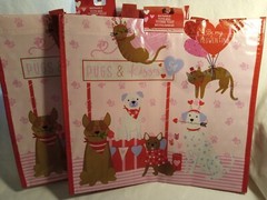 TWO Valentine’s Day Cats & Dogs Pugs & Kisses Reusable Tote Bags Size 14″x 14″