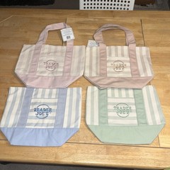 TRADER JOE’S MINI PASTEL STRIPE CANVAS TOTE BAGS SET Of 4 PINK BLUE GREEN BEIGE