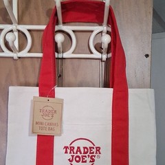 Trader Joe’s Mini Canvas Tote Bag Small White Red Cotton Polyester Pocket