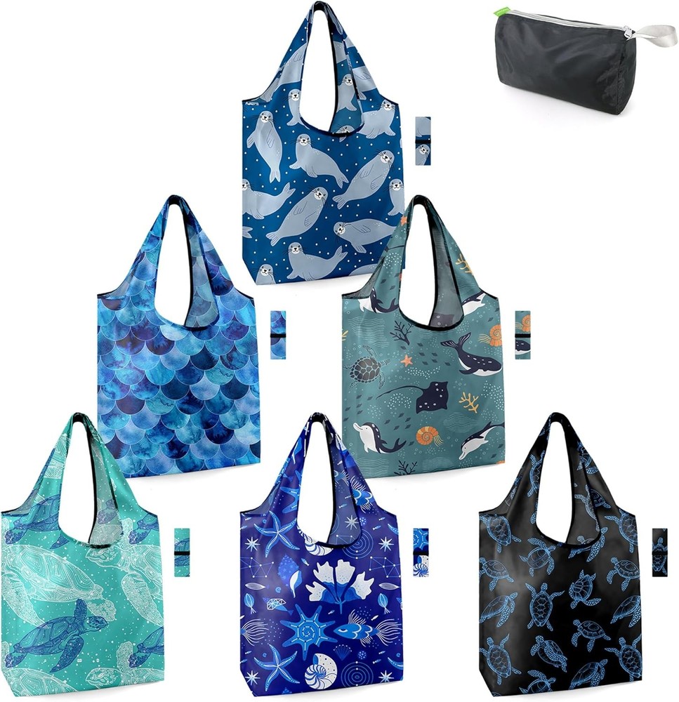 BeeGreen Sea Turtle Reusable Grocery Bags 6 Pack X-Large Ocean Animal