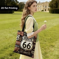 1pc Double-Sided 2D Flat Printing Shopping Tote Bag, Vintage, Route 66