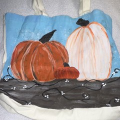 Foldable Canvas Reusable Shopping Bag Pumpkin Print Orange White Blue