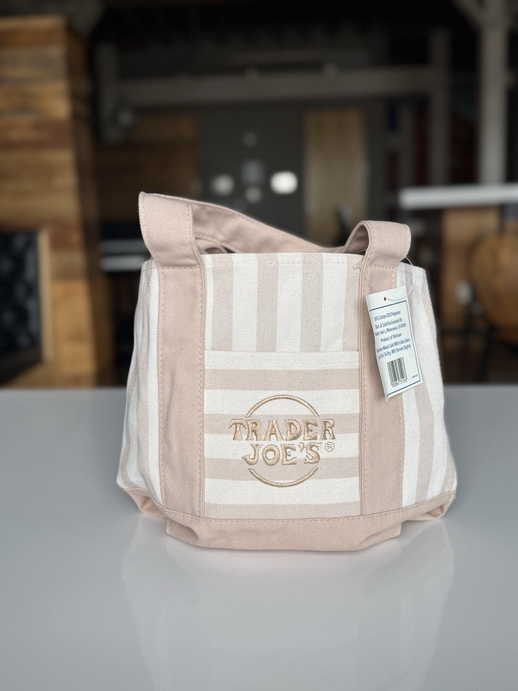 (1) Trader Joe’s Canvas Mini Tote Bags – Pastel Tan Beige Striped bag