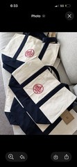 Trader Joe’s Reusable Tote Bag Foldable Cotton Polyester Beige Navy Blue