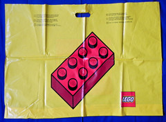 2 Large Lego Retail Store Bags, 33″x24″ Bright Yellow Vinyl, Logo + Brick Art