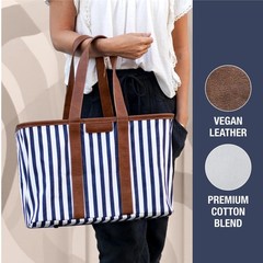 30L Navy Striped Collapsible Utility Tote Bag Reusable Organizer for Travel S…
