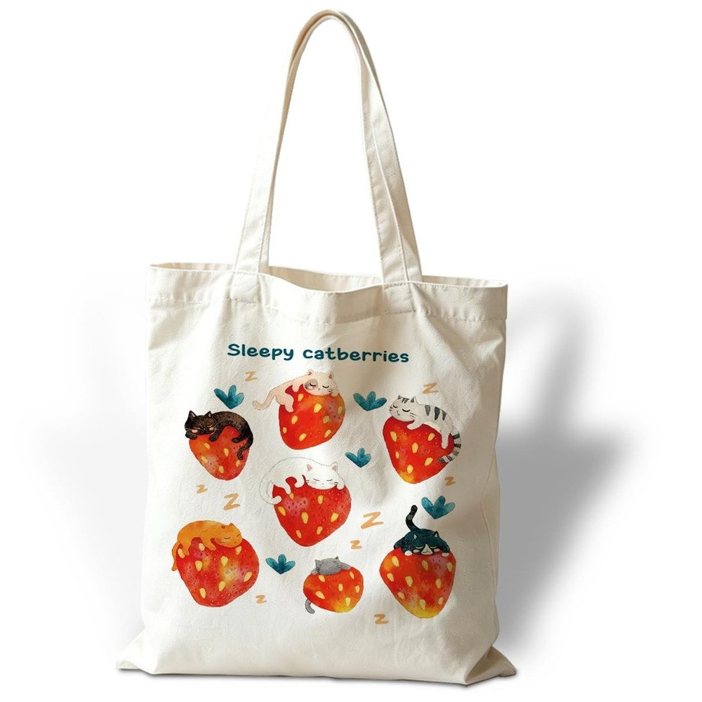 Canvas Tote Bag for Women, Sleepy Cat Berries Reusable Shoulder Bags, Birthda…