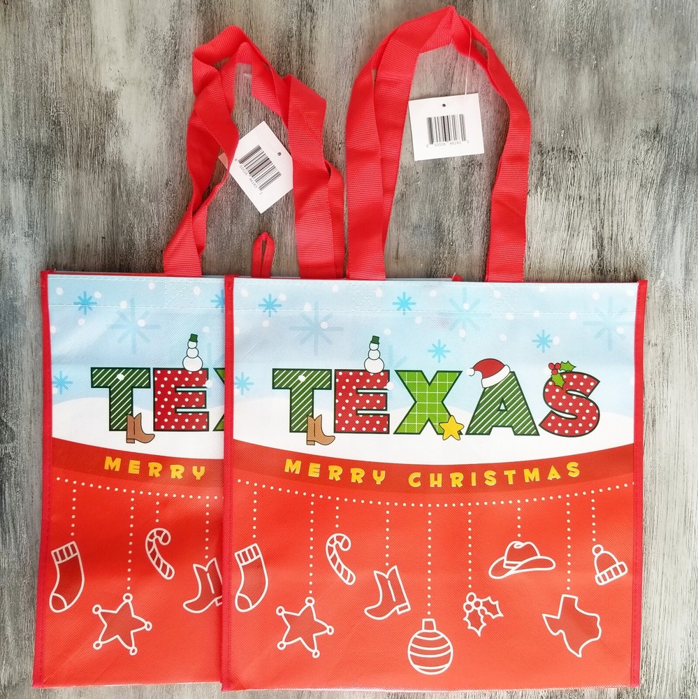 Reusable Shopping Grocery Tote Bags “Merry Christmas” Holiday Texas 2 Set New
