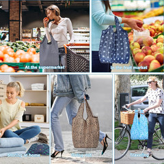 6 Pcs Foldable Reusable Shopping Bags,Tote Bags, Grocery Bags with Hook, Eco-fri