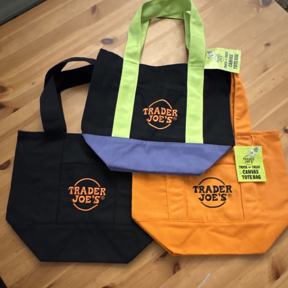 Trader Joe’s Foldable Canvas Tote Bags Black Orange Green Purple Set of 3