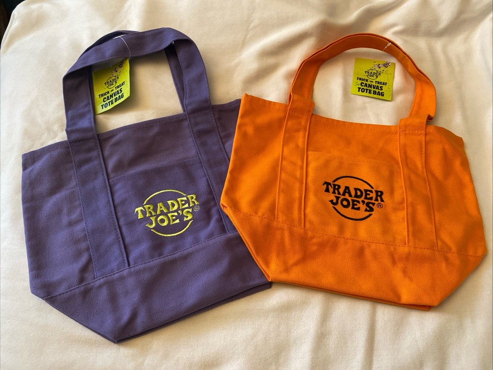 TRADER JOE’S TRICK OR TREAT MINI CANVAS TOTE BAGS-Set of 2 -Purple & Orange-NEW