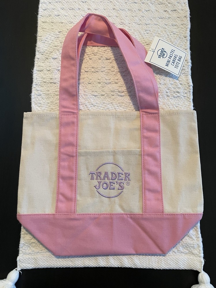 Trader Joe’s Mini Foldable Canvas Tote Bag Pink Beige Solid Reusable Shopping
