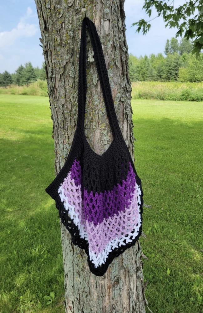 Large Crocheted Cotton Market Bag (Black, Purple, & White)