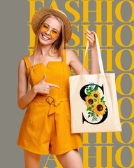 Canvas Tote Bag Aesthetic for Women, Cute Sunflower Initial Trendy Monogram P…